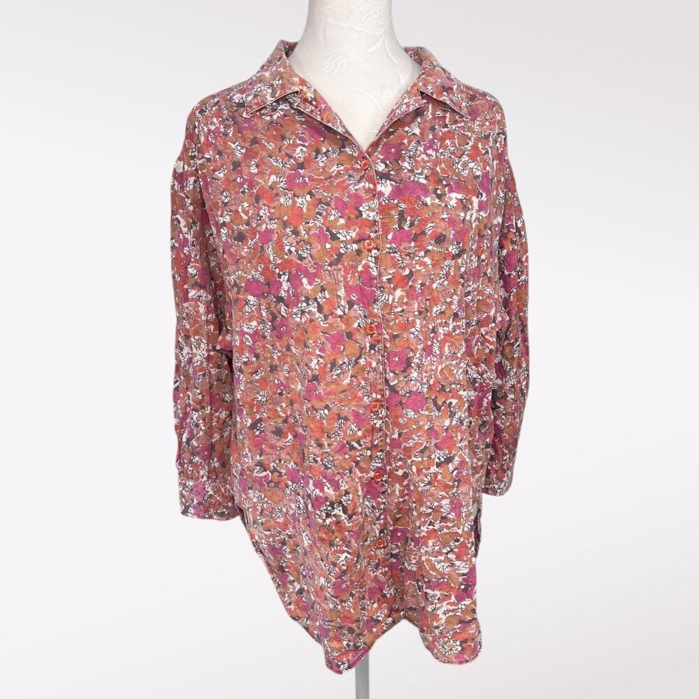 ABVIEN Floral Button Up Shirt 90s Vintage Cotton 3/4 Sleeve Medium